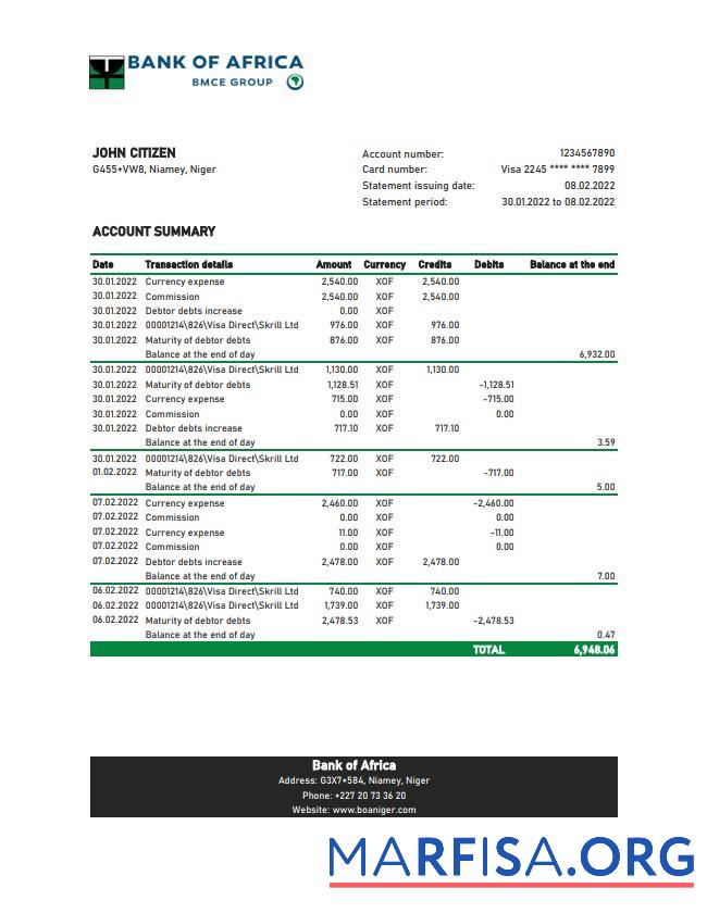 Realistic Niger Bank of Africa bank statement excel template